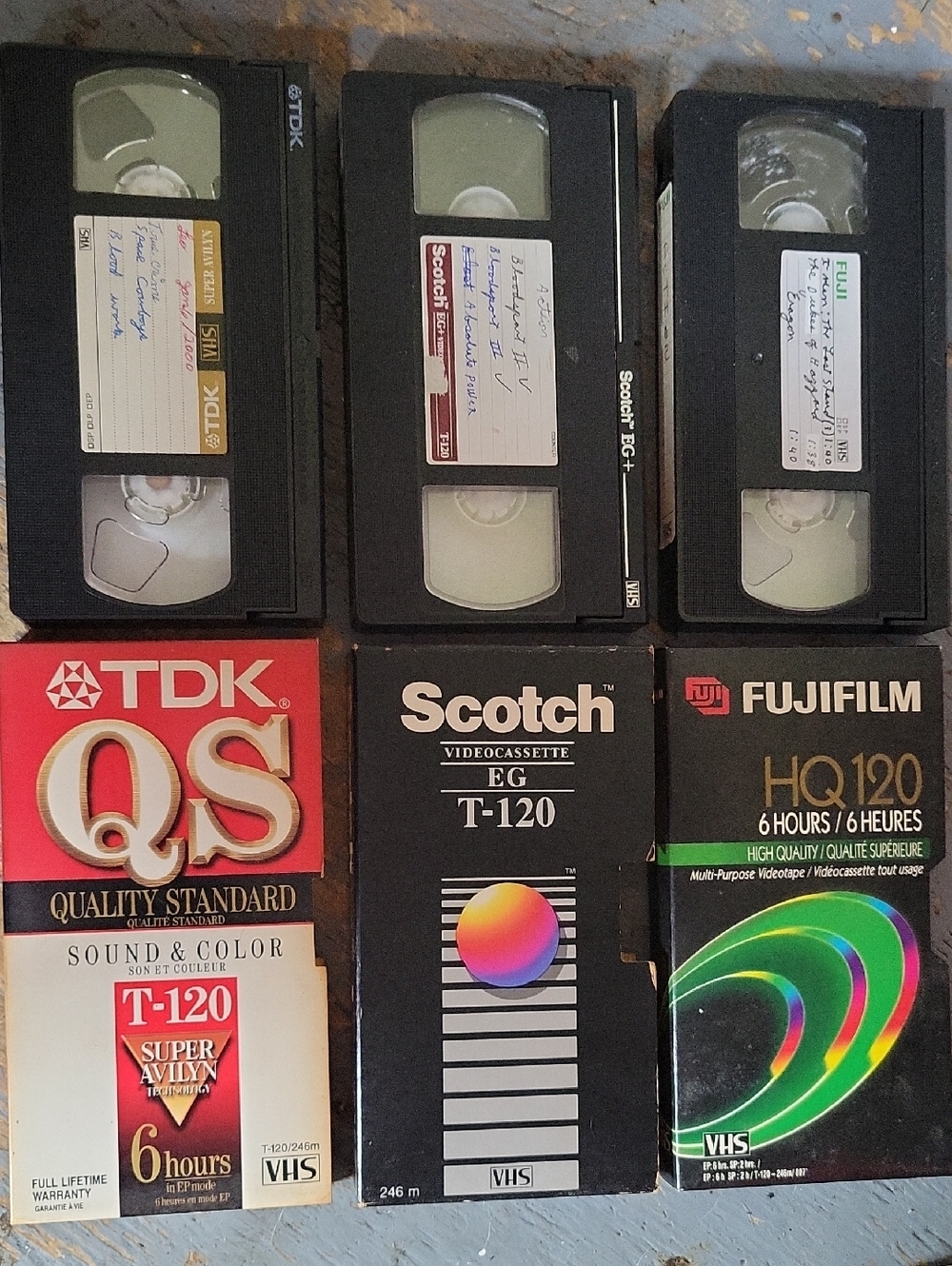 Vintage VHS Tapes Lot - TDK, Scotch, Fujifilm - Black with Colorful Boxes